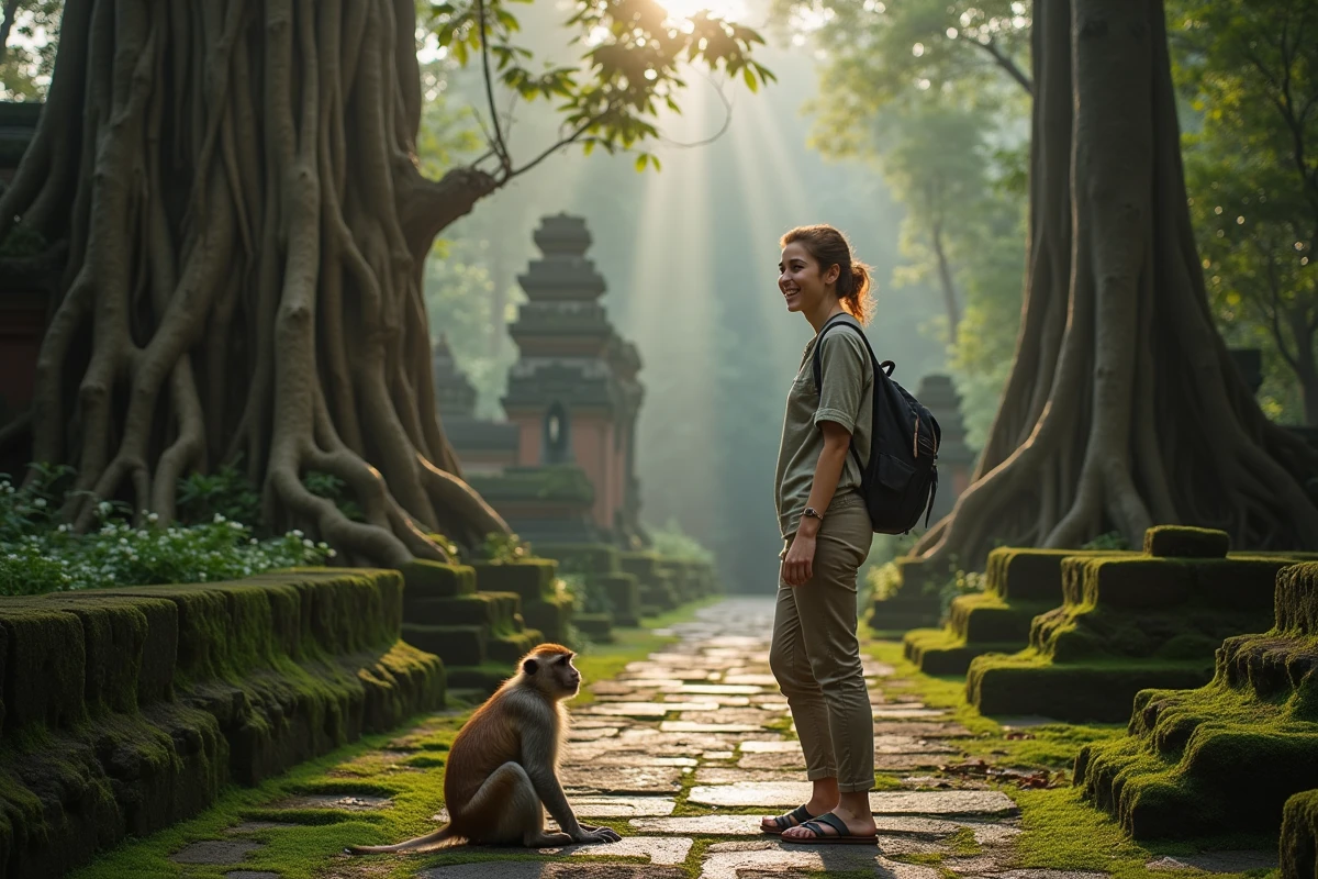 Jeune femme souriante dans la forêt de Bali avec un macaque