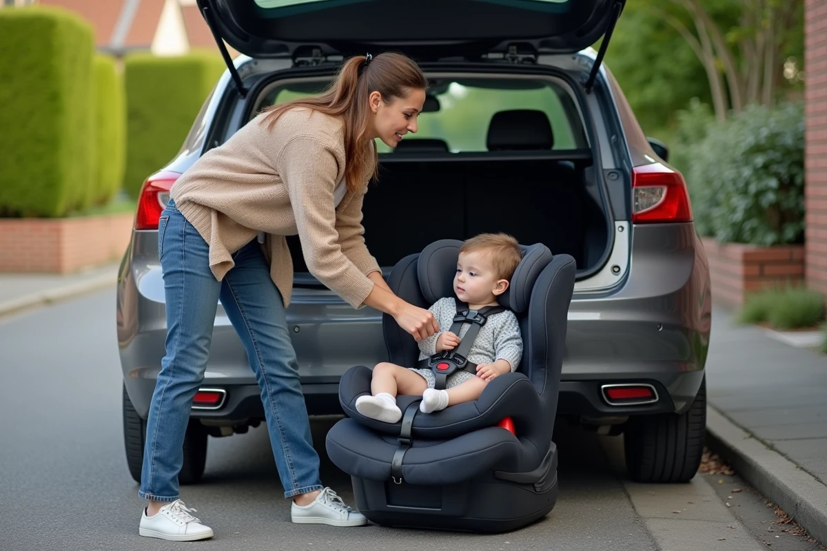 Mère ajustant un siège auto dans une voiture