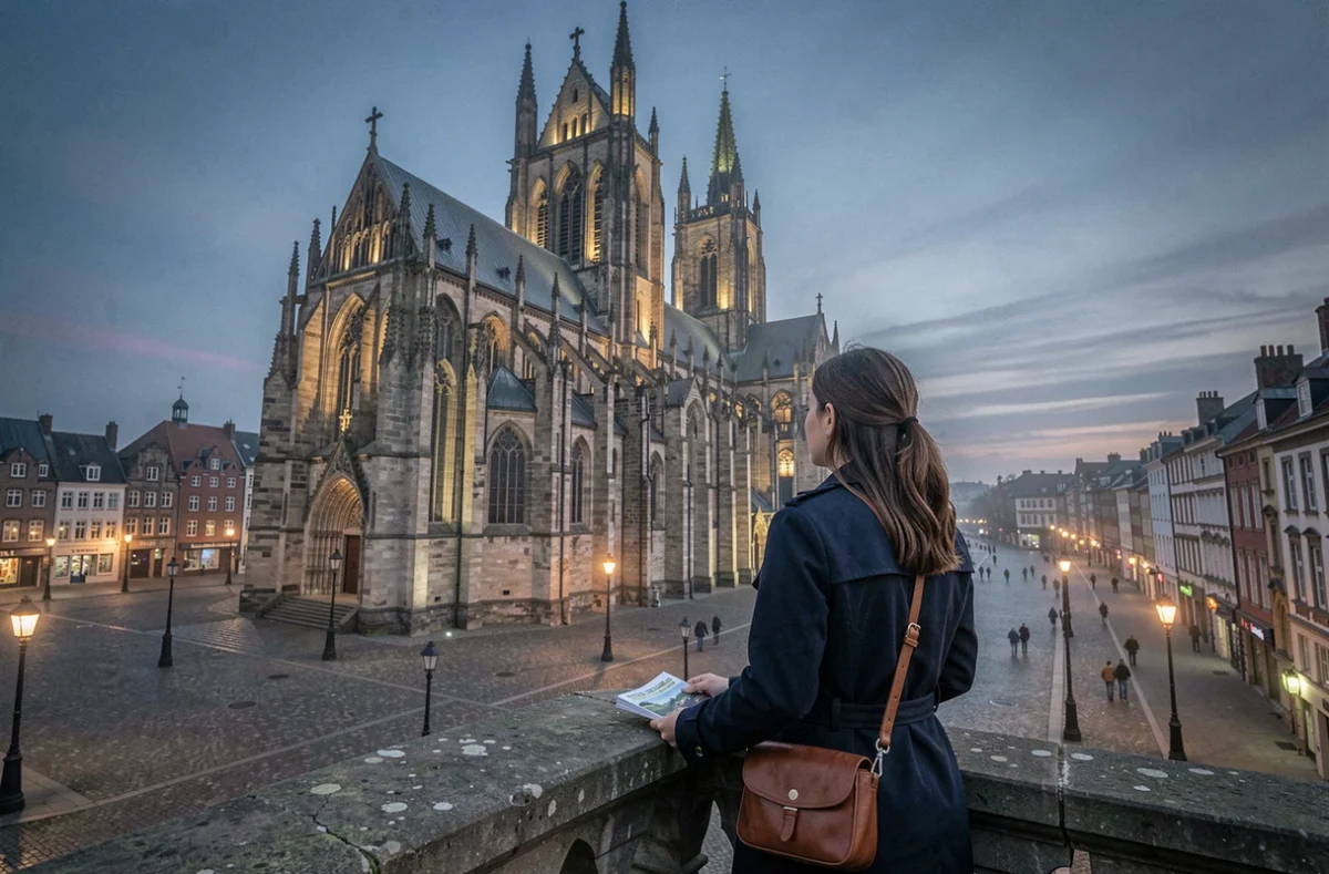 Voyageuse contemplant la cathédrale Saint-Bavon illuminée depuis un belvédère au crépuscule à Gand