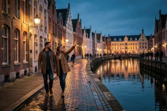 Couple se promenant le long du Graslei à Gand au crépuscule avec reflets des façades illuminées dans le canal