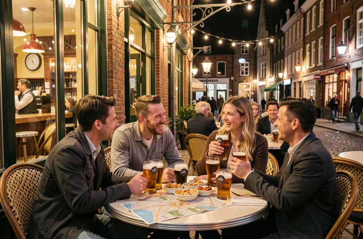 Groupe d'amis attablés en terrasse d'une brasserie belge animée dans le centre historique de Gand en soirée