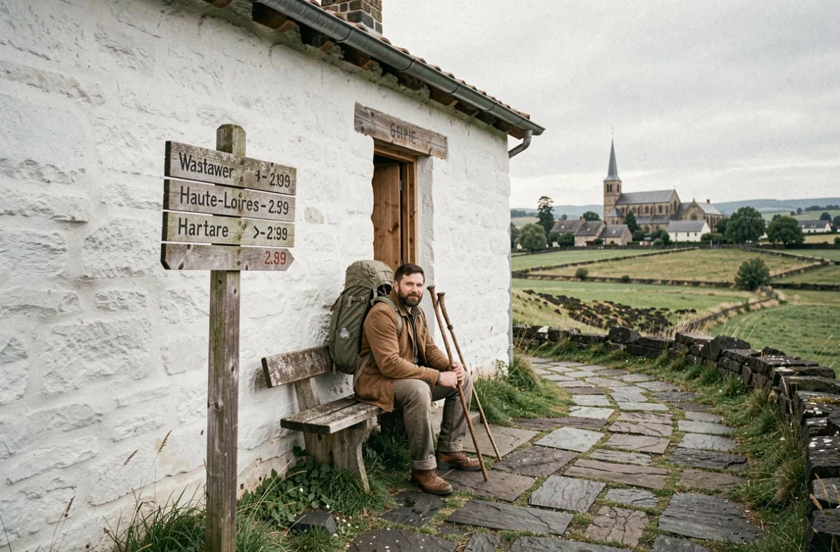 Le Gîte du Chemin en Haute-Loire avec randonneur au repos devant l'entrée et paysage volcanique en arrière-plan
