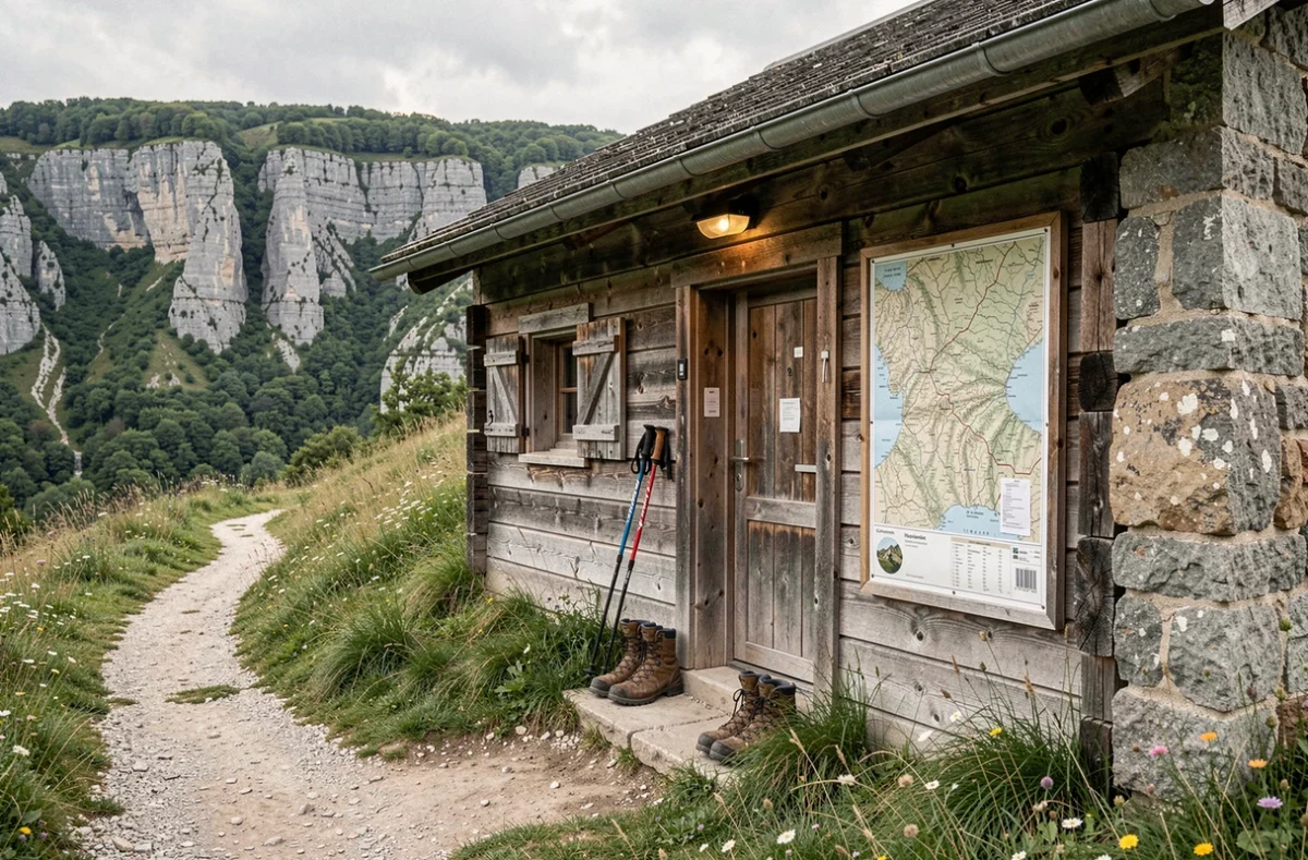 Le Gîte du Vercors en Isère avec sentier de randonnée balisé, massif calcaire et équipements de randonneurs à l'entrée