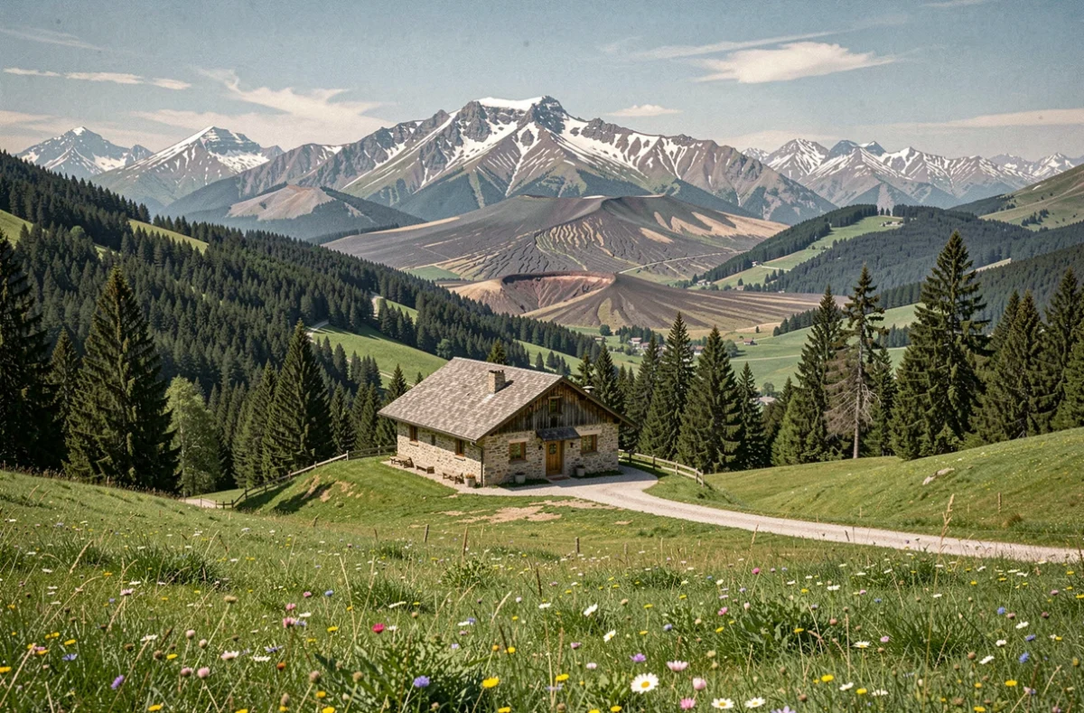 Vue panoramique d'un gîte en pierre et bois niché dans les montagnes de l'Auvergne-Rhône-Alpes avec prairies alpines et sommets enneigés