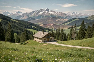 Vue panoramique d'un gîte en pierre et bois niché dans les montagnes de l'Auvergne-Rhône-Alpes avec prairies alpines et sommets enneigés