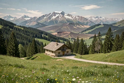 Vue panoramique d'un gîte en pierre et bois niché dans les montagnes de l'Auvergne-Rhône-Alpes avec prairies alpines et sommets enneigés