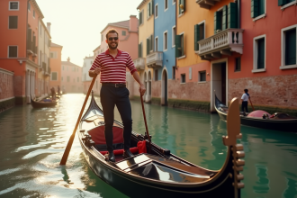 Gondolier souriant sur un canal de Venise avec bâtiments colorés