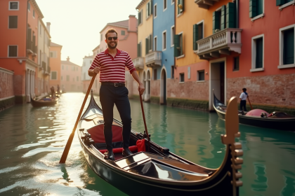 Gondolier souriant sur un canal de Venise avec bâtiments colorés