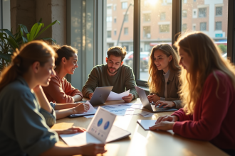 Jeunes adultes collaborant dans un espace de coworking lumineux