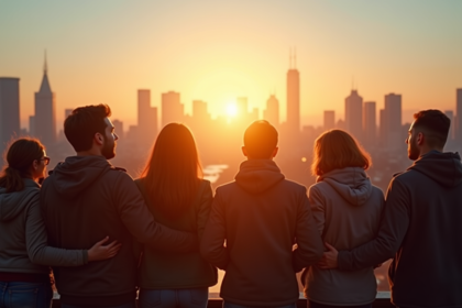 Groupe divers regardant le lever de soleil symbolisant l'espoir