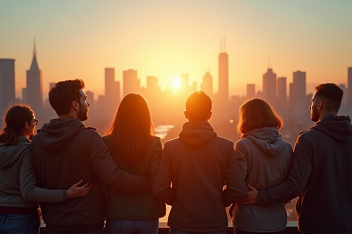 Groupe divers regardant le lever de soleil symbolisant l'espoir