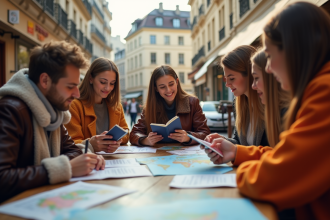 Jeunes adultes au café européen avec passeports et cartes