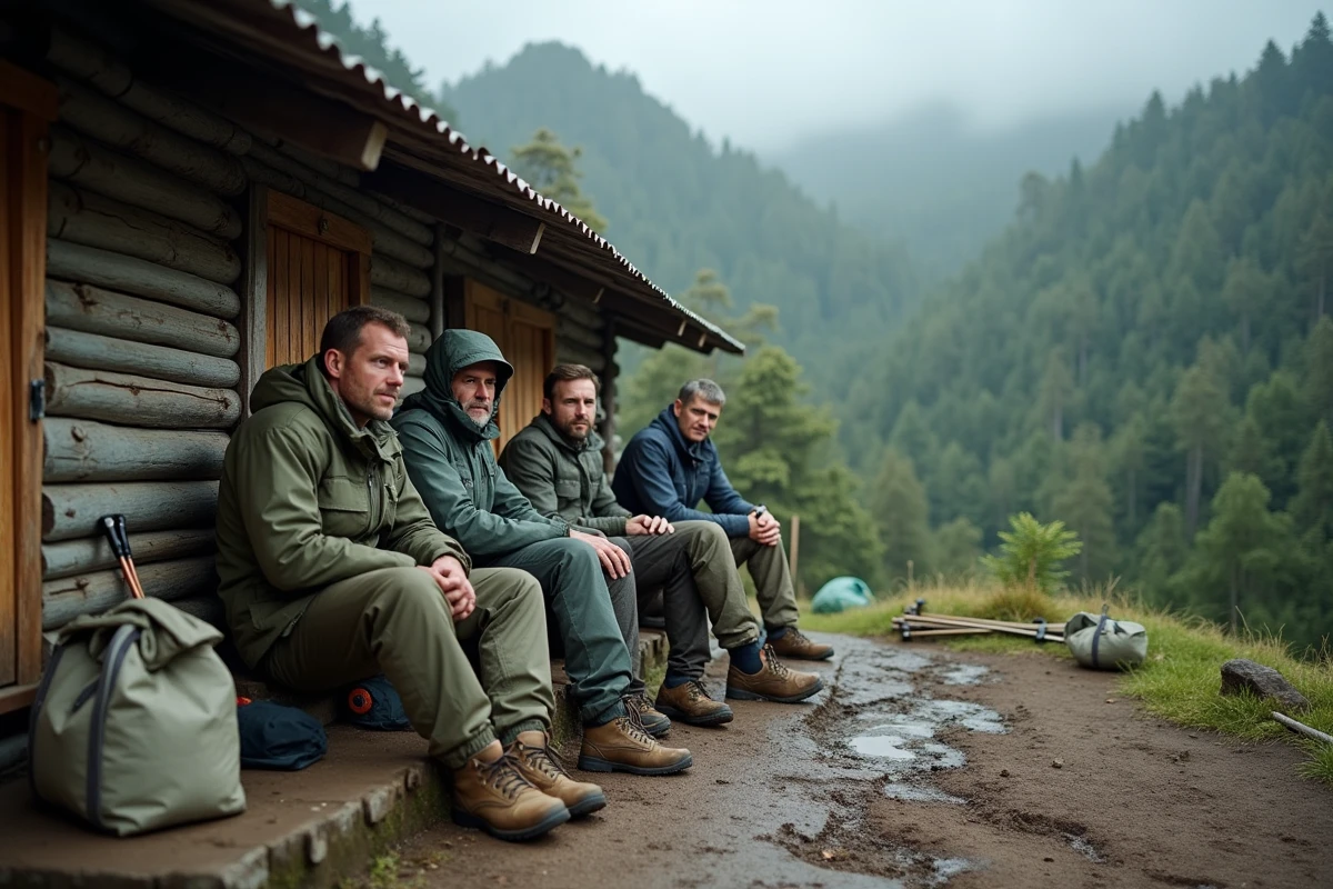 Groupe de randonneurs au camp de base du Kilimandjaro se reposant devant un refuge en bois dans la forêt de montagne