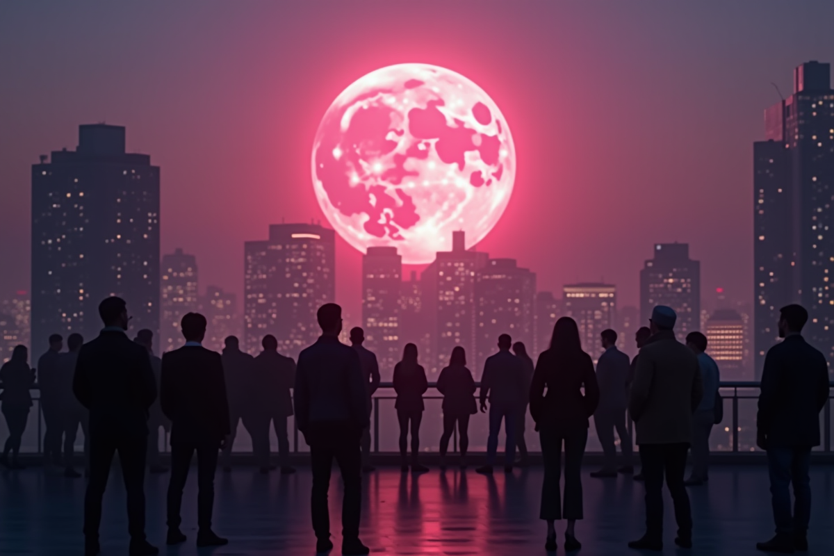 Groupe de personnes sur un toit urbain regardant la lune rose
