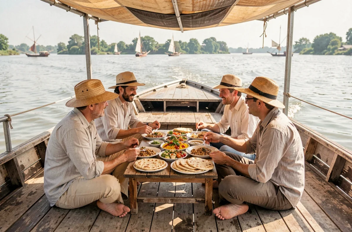 Groupe de touristes déjeunant sur le pont d'un petit bateau de location sur le Nil, avec des mezze et des pains plats égyptiens
