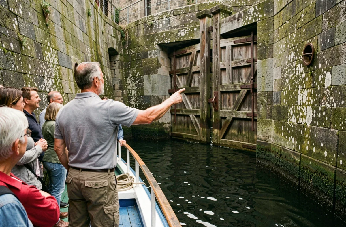 Guide touristique expliquant le fonctionnement d'une écluse historique à des passagers lors d'une croisière fluviale depuis Carcassonne