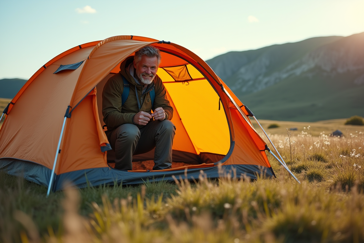 Hiker solitaire ouvrant une tente dans un pré