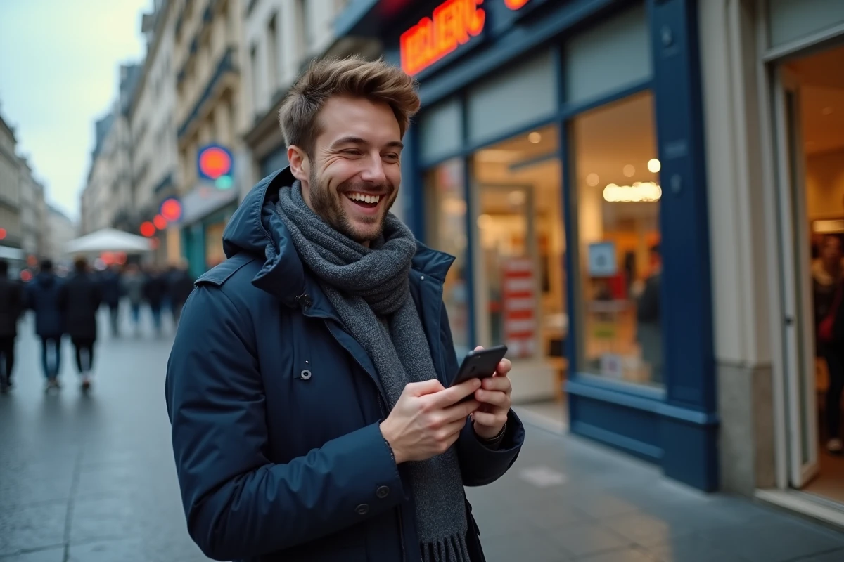 Homme devant une agence de voyage avec son t&eacute;l&eacute;phone
