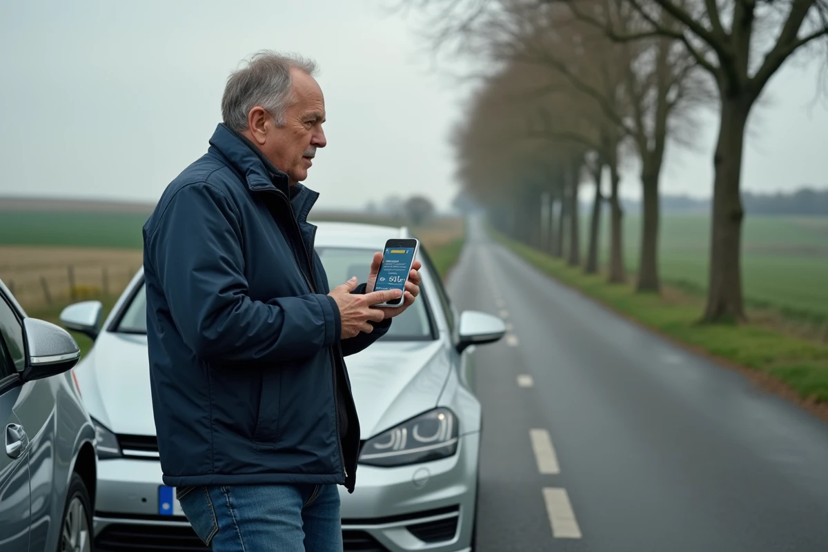 Homme debout près de sa voiture consultant l'application Michelin pour visualiser distance, durée et coût d'un trajet