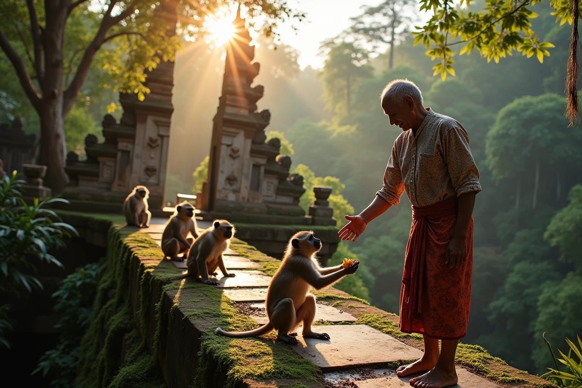 Homme balinais offrant des fruits aux singes dans la forêt d