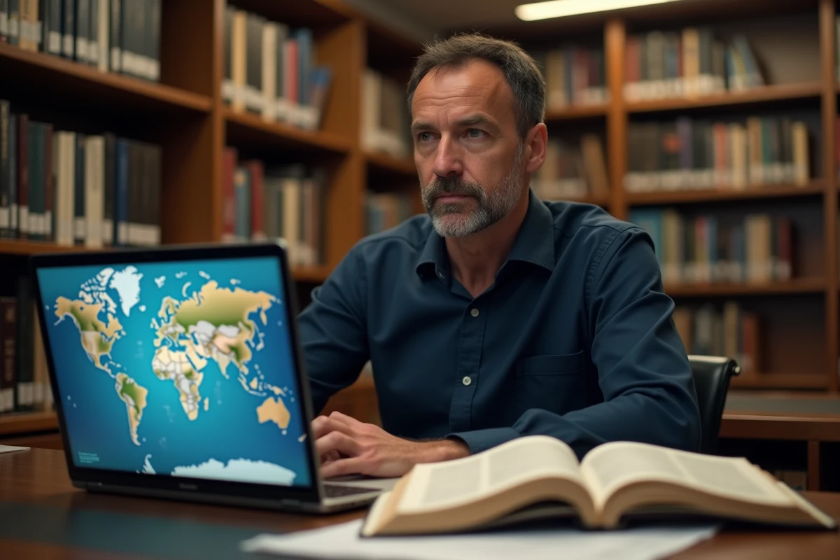 Homme en bibliothèque comparant une projection cartographique Mercator avec la vraie taille du Groenland sur un écran d'ordinateur portable