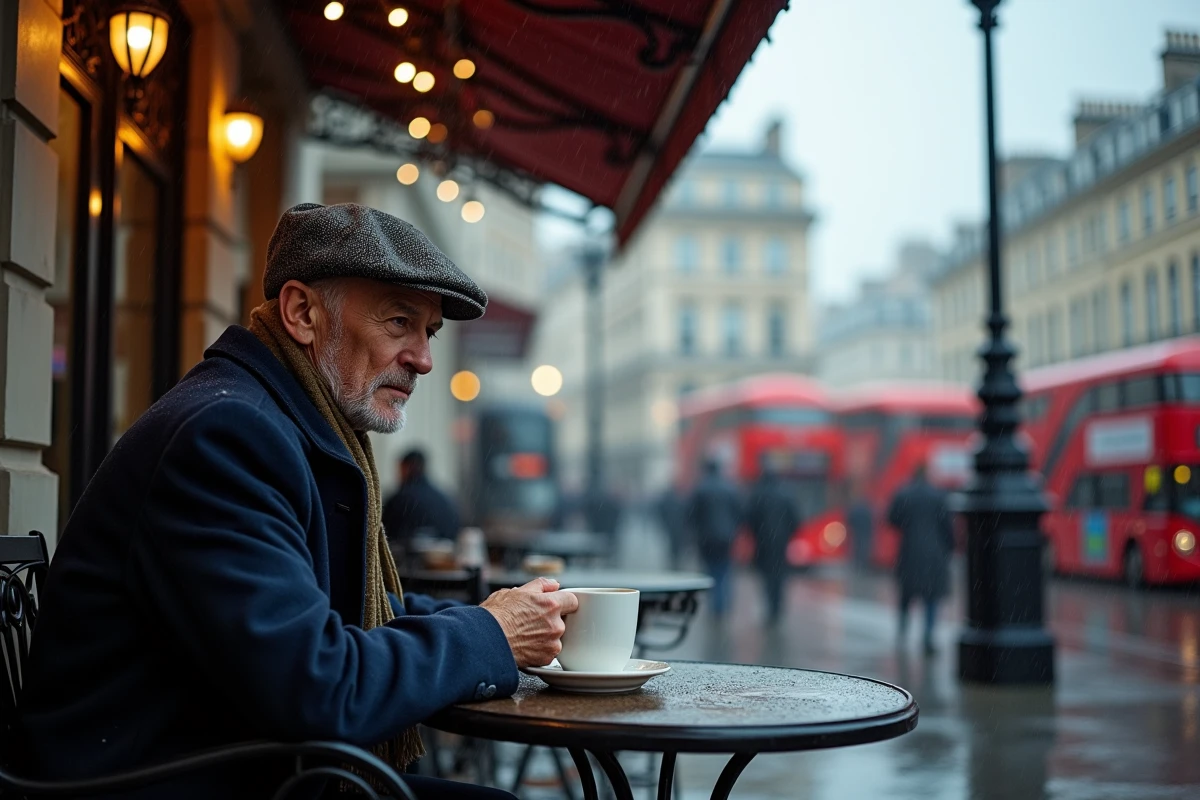 Homme âgé buvant un café sous la pluie à Londres