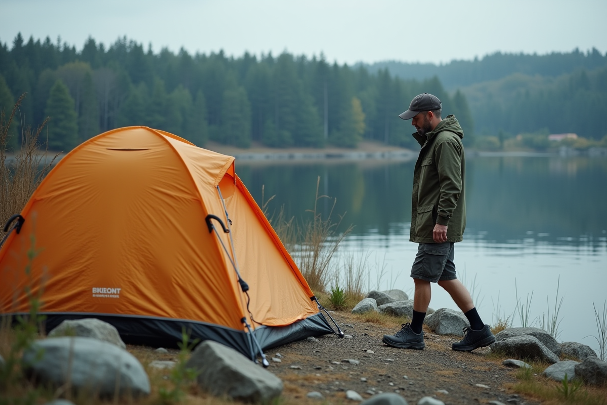 Homme en camping près d’un lac calme et rocheux