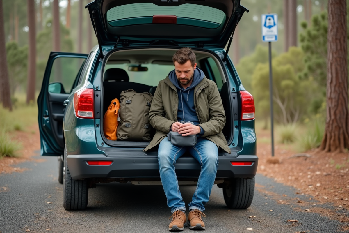 Homme organisant son équipement de camping dans une voiture