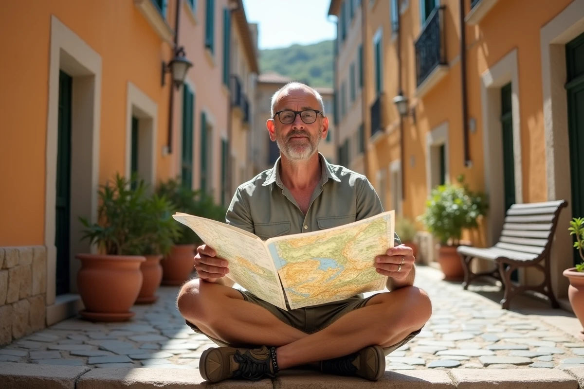 Homme lisant une carte topographique du Cap Corse assis sur un muret de village pendant un road trip