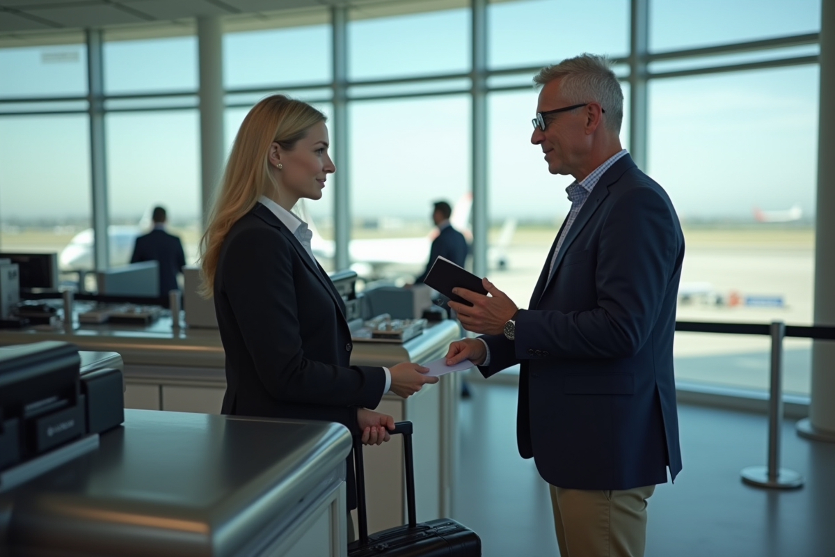 Homme avec passeport au checkin aéroport