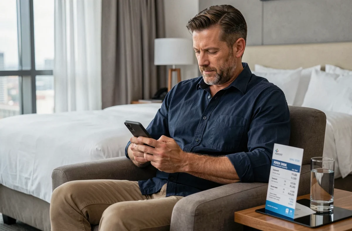 Homme comparant les prix d'hôtels à la journée sur son smartphone depuis une chambre d'hôtel