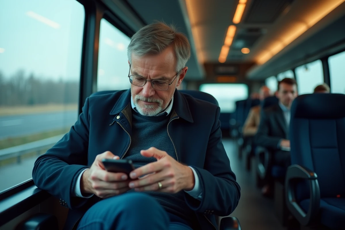 Homme comparant les prix de transfert vers Gatwick sur son téléphone dans un autocar aéroport confortable