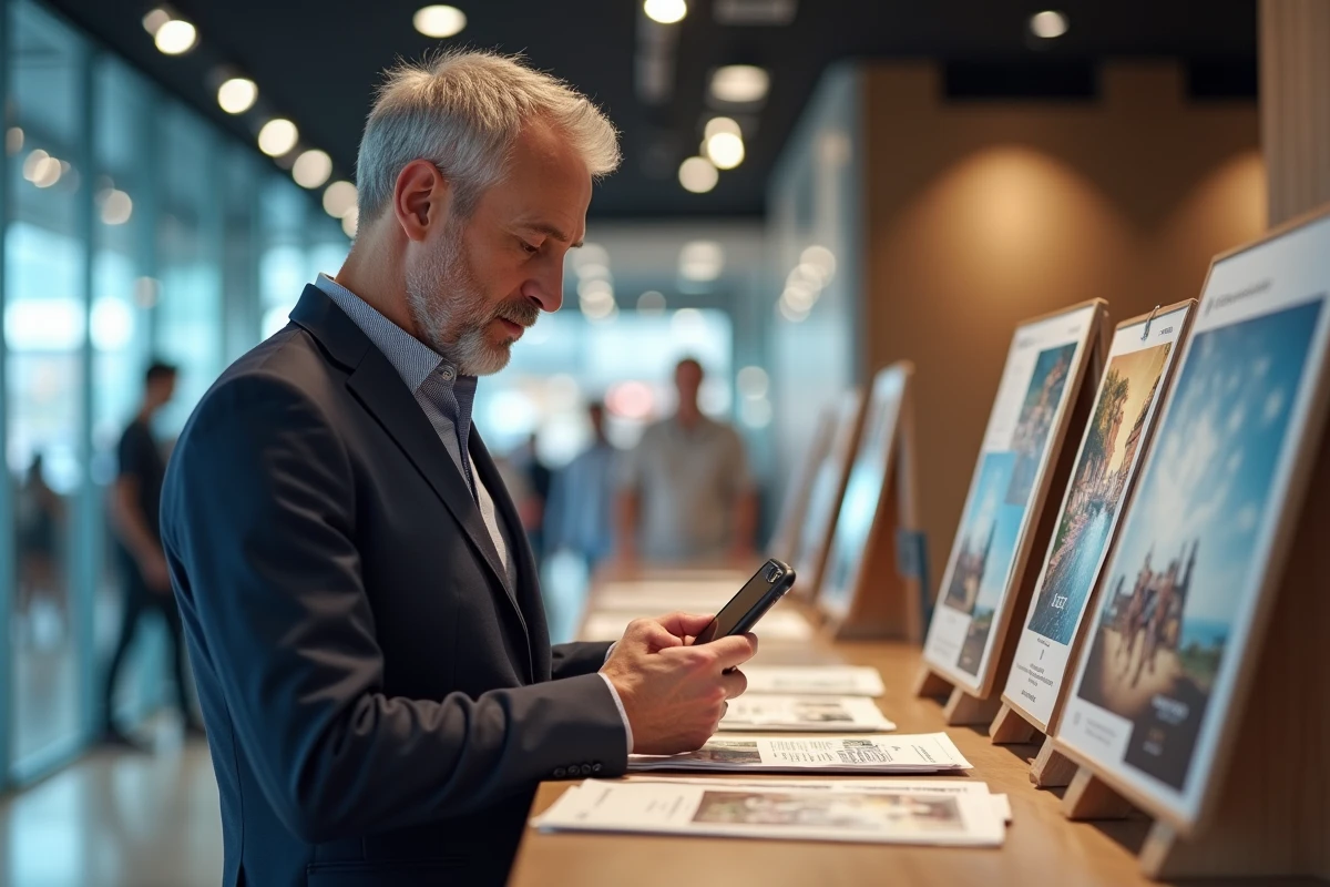 Homme en agence de voyage examinant brochures et smartphone