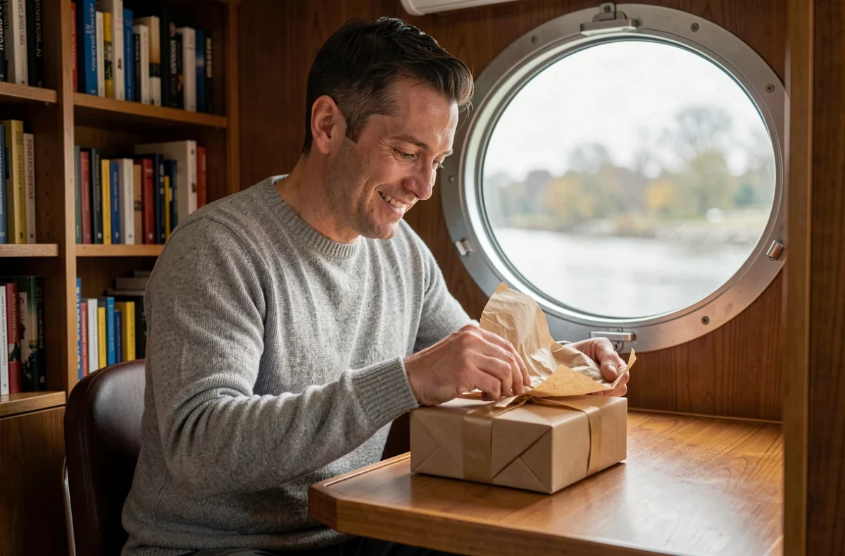 Homme découvrant son coffret cadeau croisière fluviale dans une cabine de bateau avec hublot