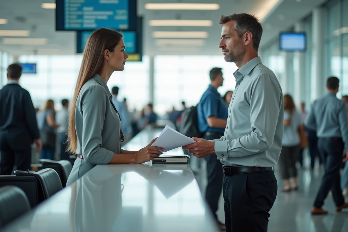 Homme présentant ses papiers à un agent de check-in à l