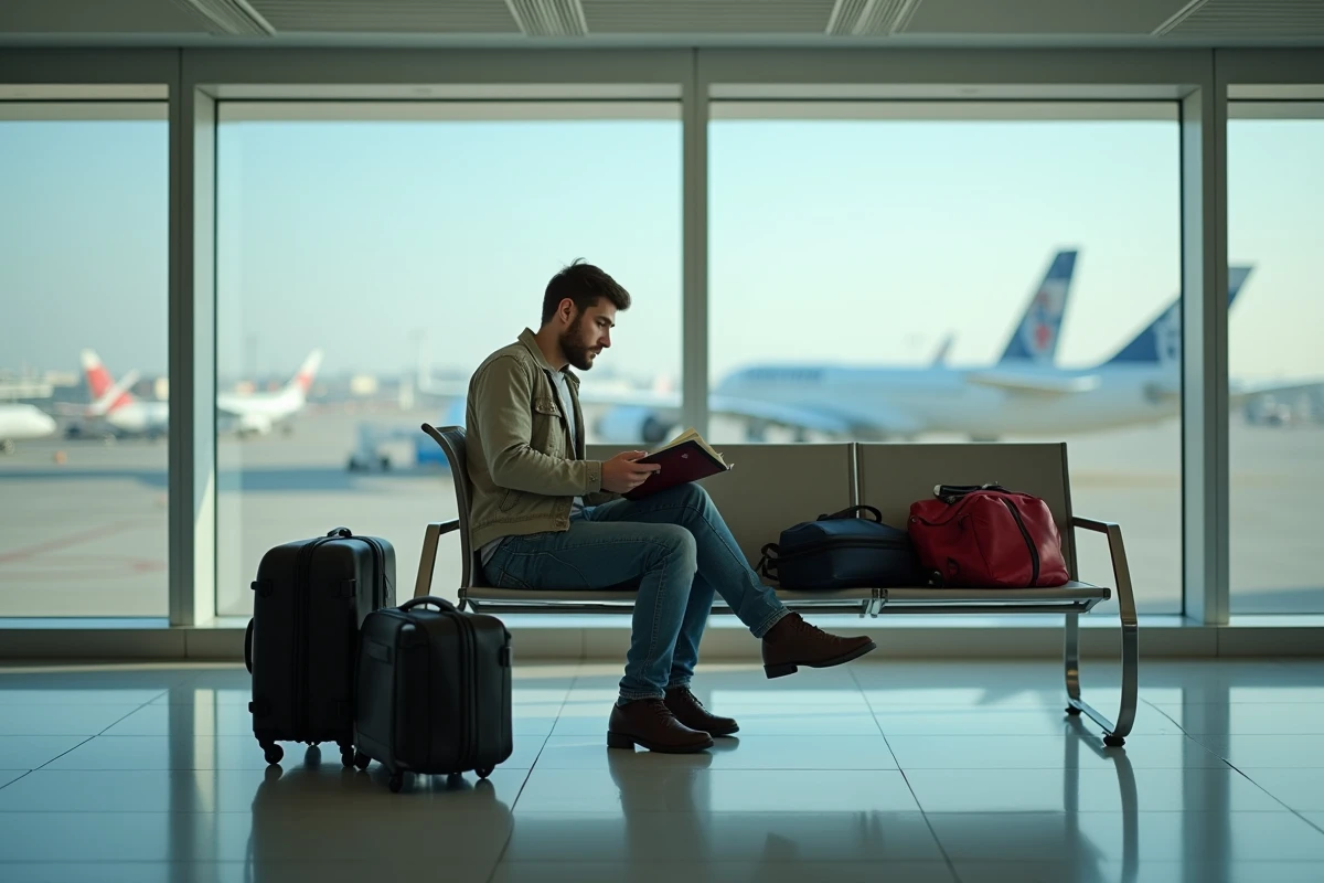 Jeune homme européen vérifiant ses documents dans le hall d