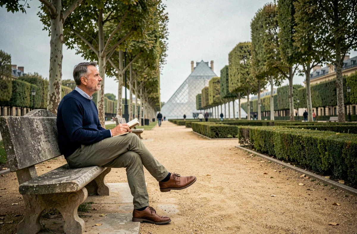 Homme au repos dans le jardin des Tuileries prenant des notes lors d'une promenade touristique à Paris