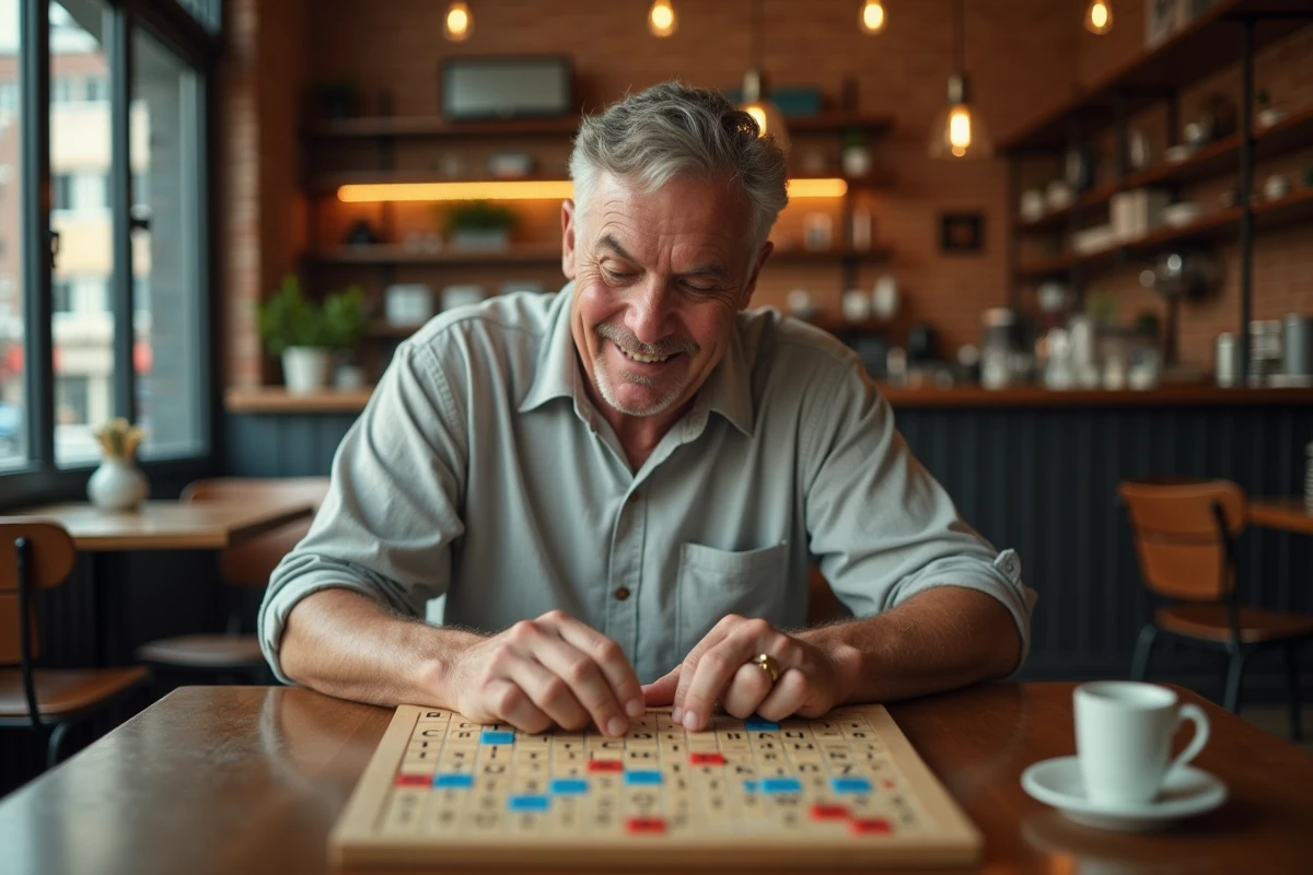 Homme jouant au Scrabble dans un café avec des tuiles de lettres en bois sur un plateau
