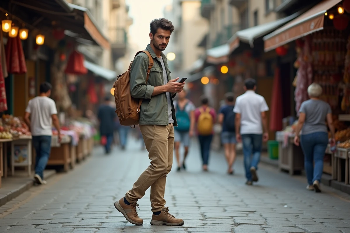 Jeune homme vérifiant son téléphone dans une rue animée