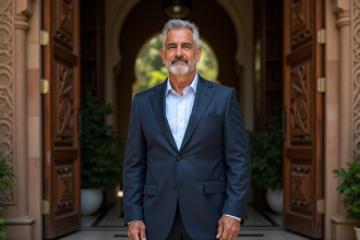 Homme marocain en costume navy devant La Mamounia