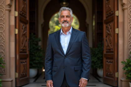 Homme marocain en costume navy devant La Mamounia