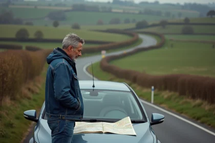 Homme en jeans et coupe-vent sur le bord d'une route rurale en France