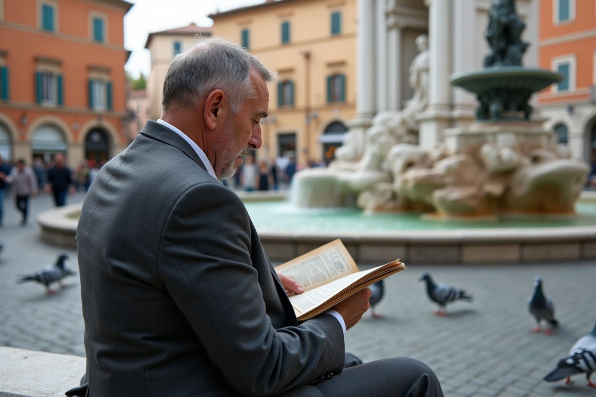 Homme en costume regardant un guide à Rome