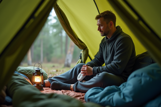 Homme en pyjama thermique dans une tente verte intérieure