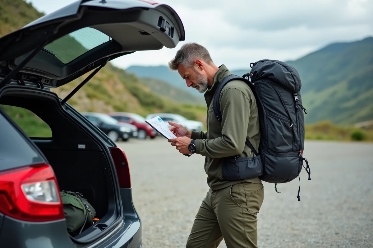 Homme vérifiant son équipement de randonnée près de la voiture