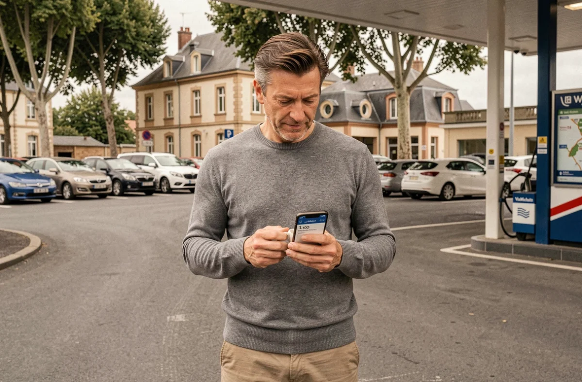 Homme vérifiant son itinéraire ViaMichelin sur smartphone lors d'une pause dans une aire d'autoroute française