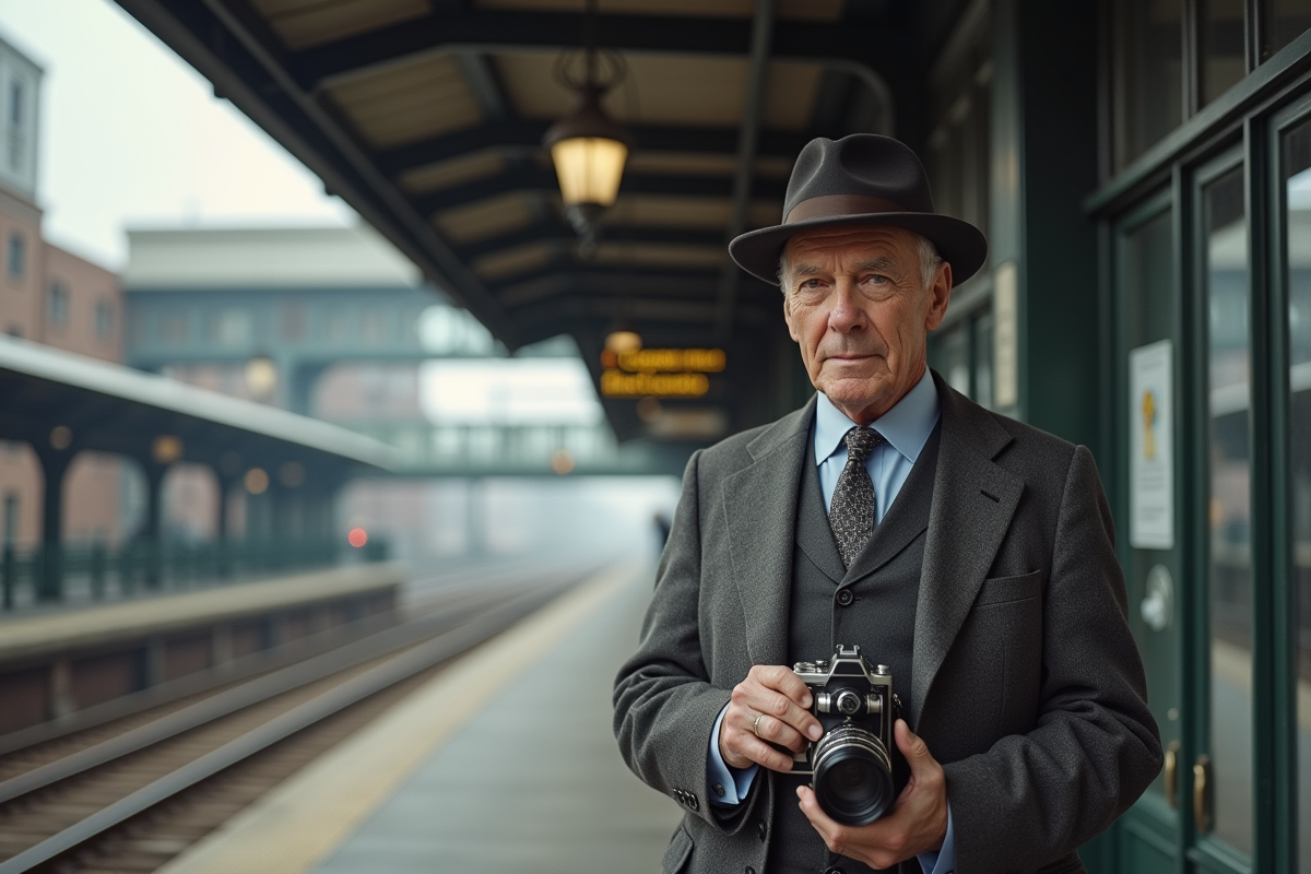 Homme âgé avec appareil photo à la gare historique