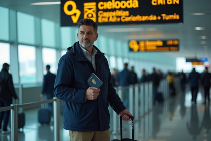 Homme d'âge moyen avec passeport à l'aéroport