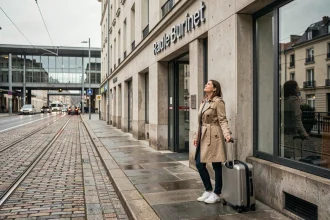 Façade d'un hôtel budget moderne près de la gare de Strasbourg, une voyageuse avec valise sur le trottoir