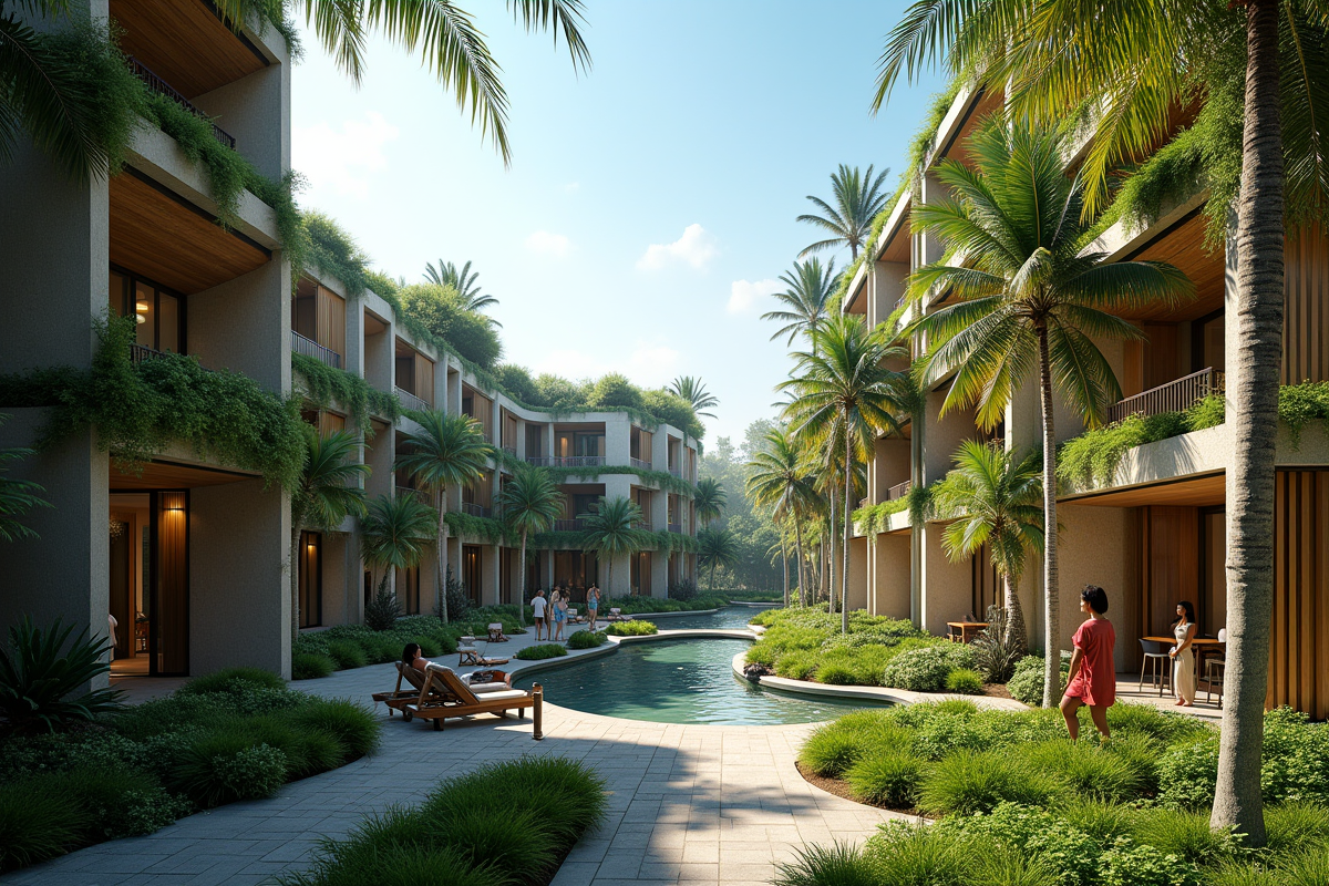 Hôtel de luxe en forêt tropicale avec jardins verticaux et passants